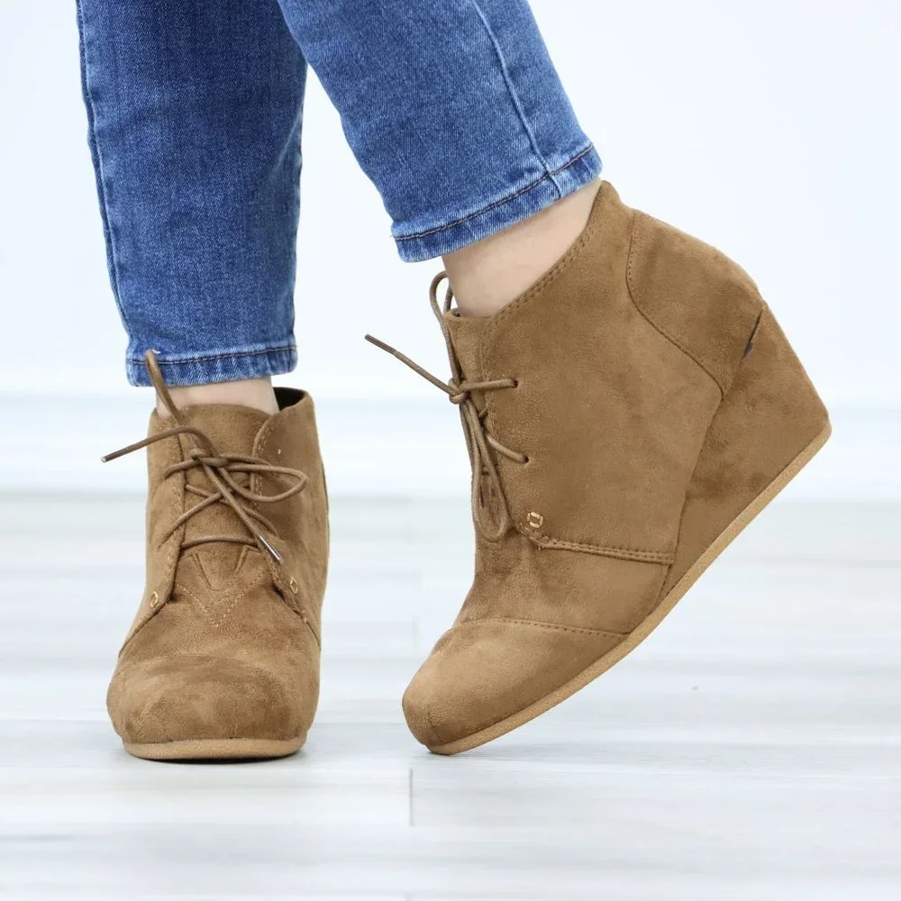 Tan Faux Suede Round Toe Wedge Heel Lace Up Ankle Boots - Picture 10 of 12